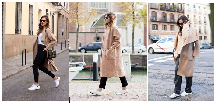 camel coats and sneakers